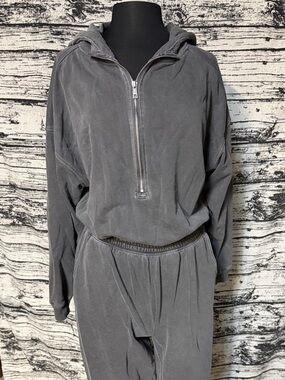 Zenana Outfitters Charcoal Hooded Half-Zip Jumpsuit